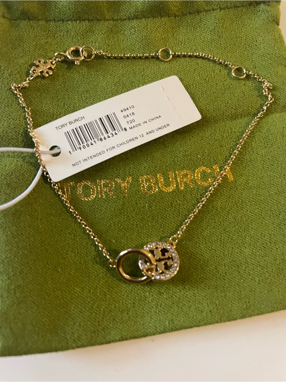 Tory Burch Gold Double-Ring Logo bracelet with Pavé Accent